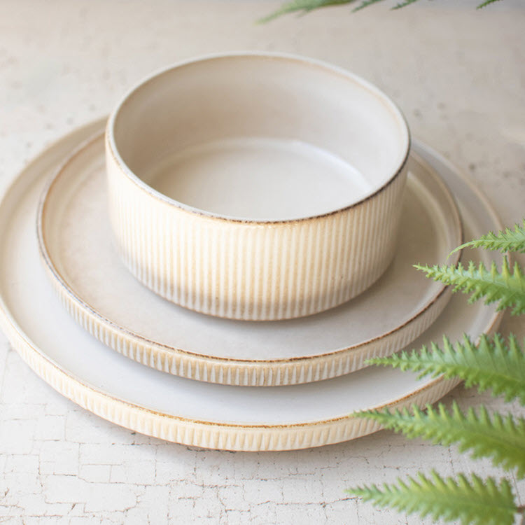 Set/3 Ceramic Dinner Plate, Salad Plate, & Bowl with Ridges (Box of 6 Sets)